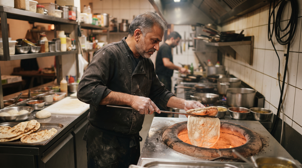 Indian chef preparing naan in a traditional tandoor