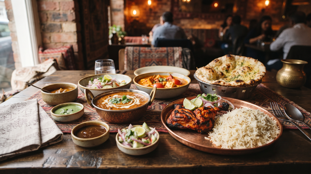 North Indian meal with naan, dal, paneer and curry