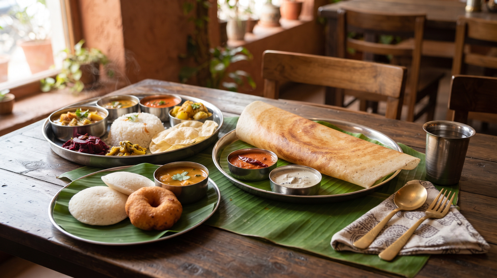 South Indian dosa served with sambar and coconut chutney