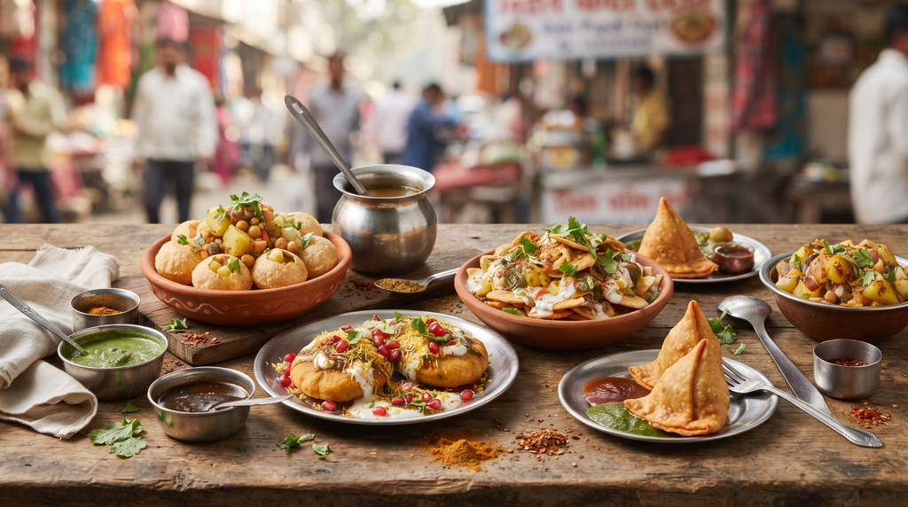 Indian street food with pani puri, papdi chaat and samosa