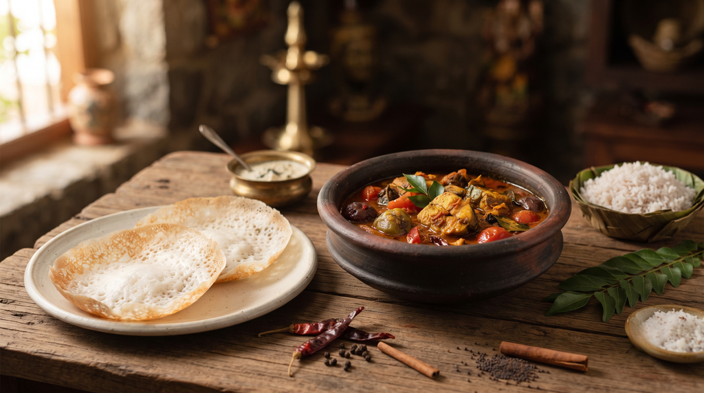 Kerala-style fish curry and appam served with Indian sides